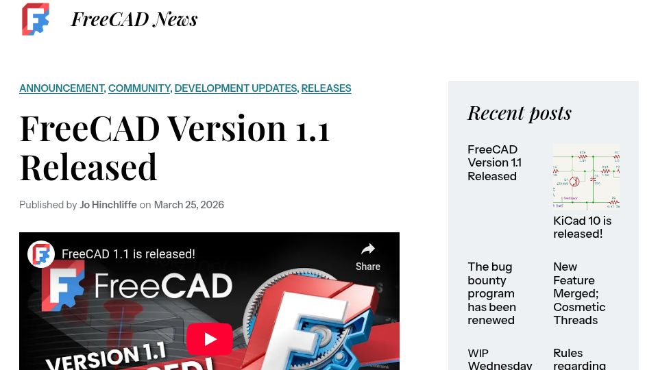 Screenshot of blog.freecad.org: FreeCAD v1.1