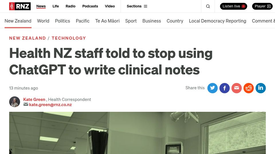 Screenshot of rnz.co.nz: Health NZ staff told to stop using ChatGPT to write clinical notes