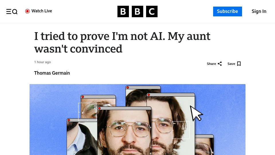 Screenshot of bbc.com: I tried to prove I'm not AI. My aunt wasn't convinced
