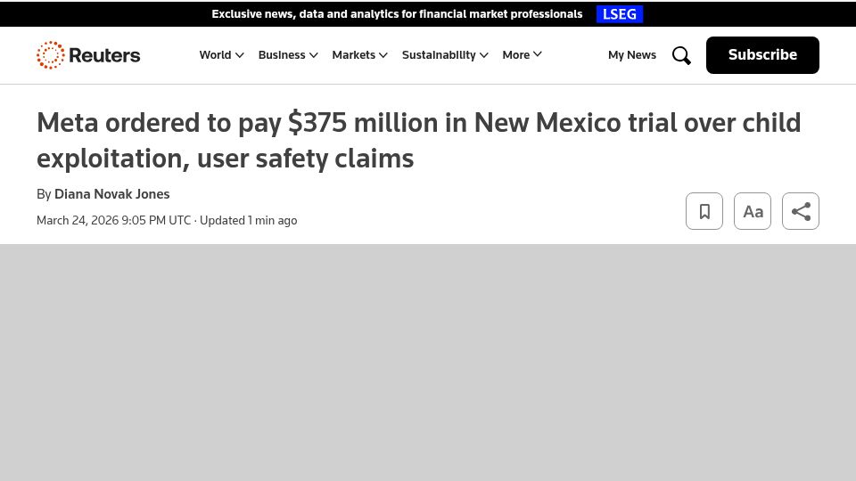 Screenshot of reuters.com: Meta ordered to pay $375M in New Mexico trial over child exploitation