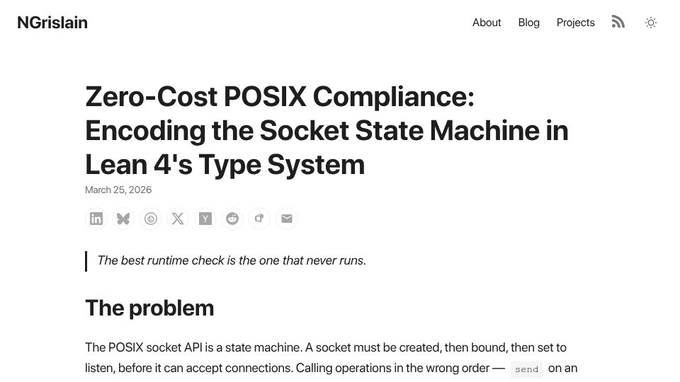 Screenshot of ngrislain.github.io: Zero-Cost POSIX Compliance: Encoding the Socket State Machine in Lean's Types