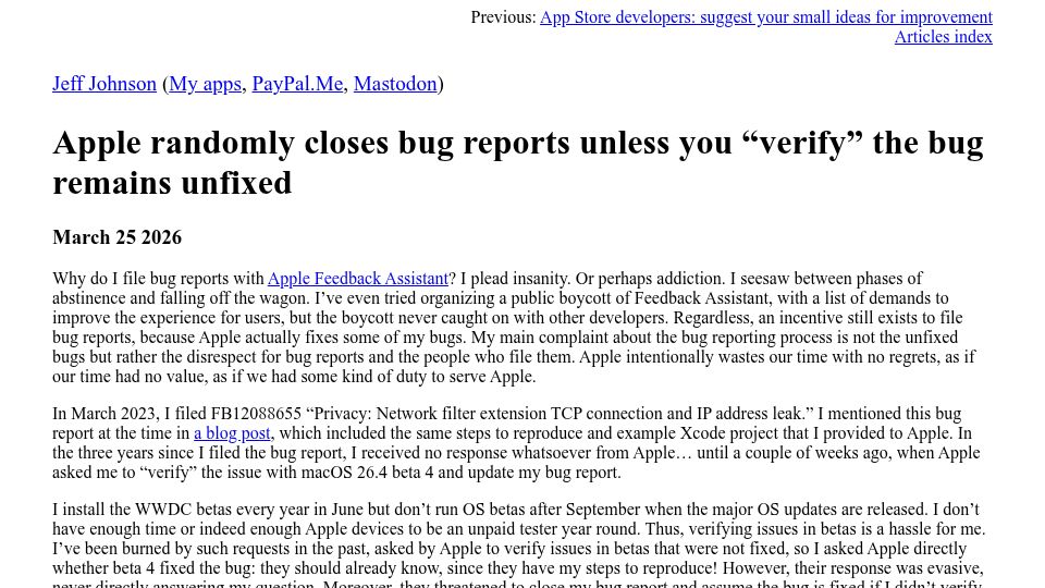 Screenshot of lapcatsoftware.com: Apple randomly closes bug reports unless you "verify" the bug remains unfixed