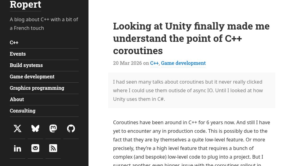 Screenshot of mropert.github.io: Looking at Unity made me understand the point of C++ coroutines