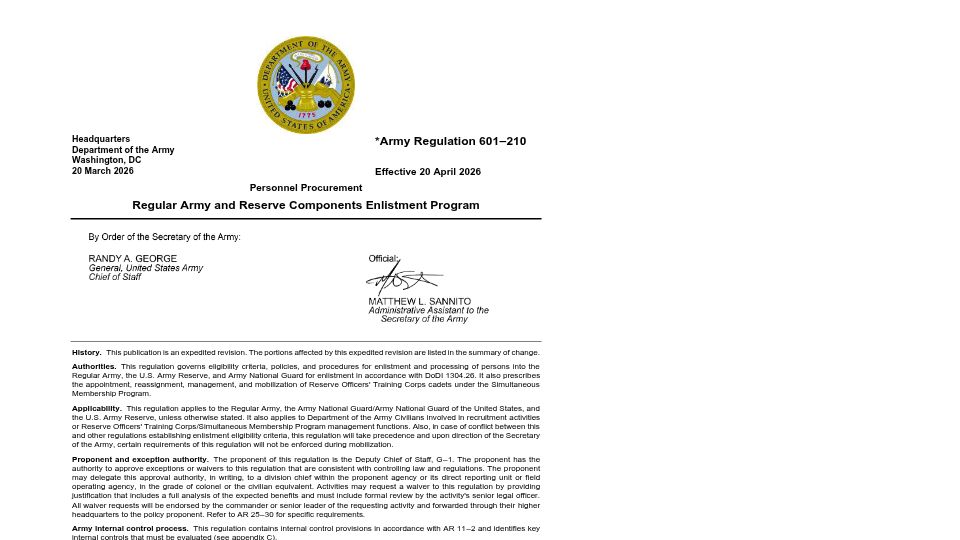 Screenshot of armypubs.army.mil: US Army raises enlistment age to 42 and removes marijuana waiver requirement