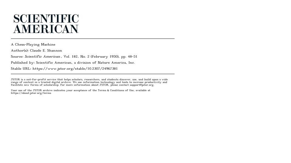 Screenshot of paradise.caltech.edu: A Chess Playing Machine – Shannon (1950) [pdf]