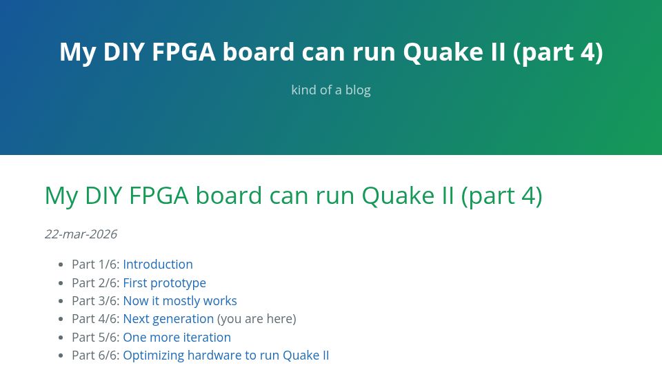 Screenshot of blog.mikhe.ch: My DIY FPGA board can run Quake II
