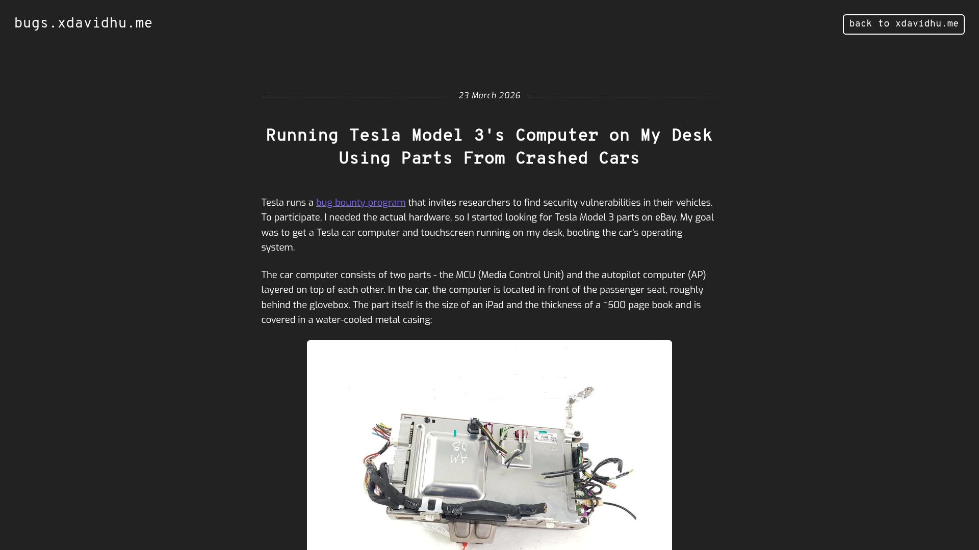 Screenshot of bugs.xdavidhu.me: Running Tesla Model 3's computer on my desk using parts from crashed cars