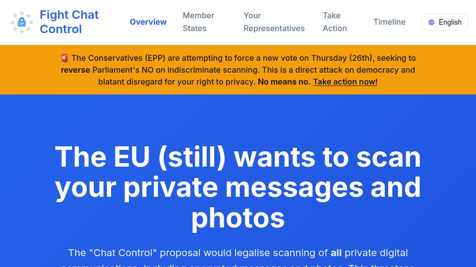 Screenshot of fightchatcontrol.eu: The EU still wants to scan  your private messages and photos