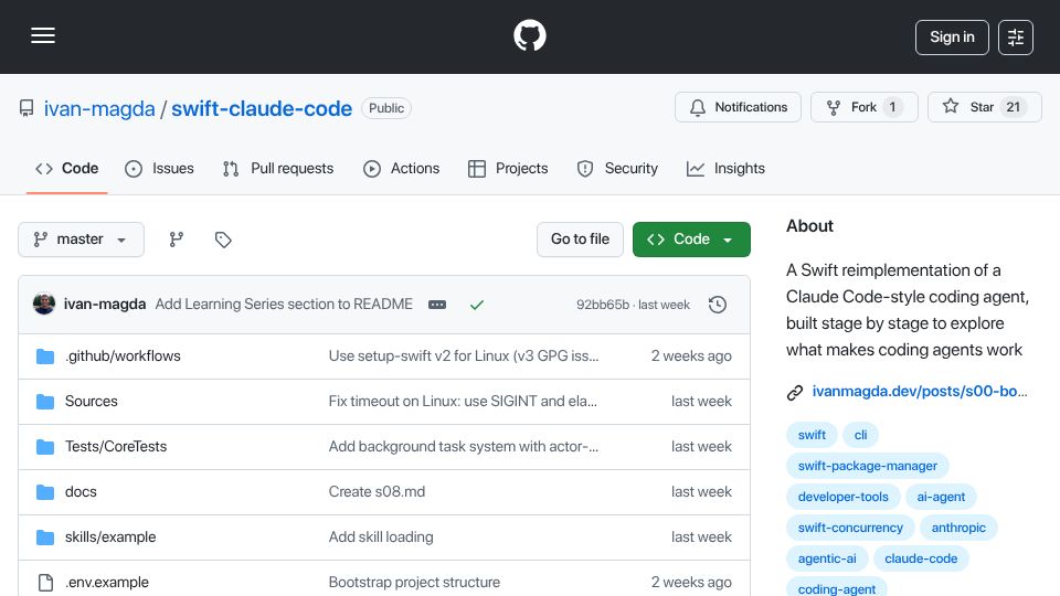 Screenshot of github.com: Building a coding agent in Swift from scratch