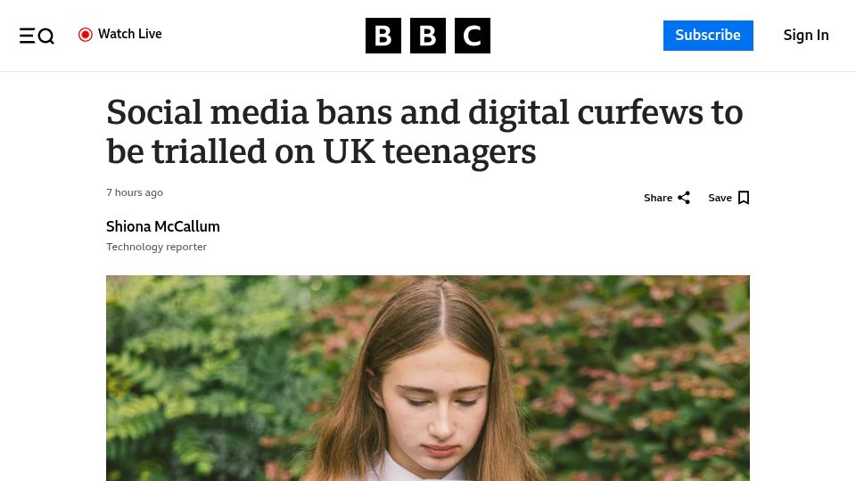 Screenshot of bbc.com: Social media bans and digital curfews to be trialled on UK teenagers