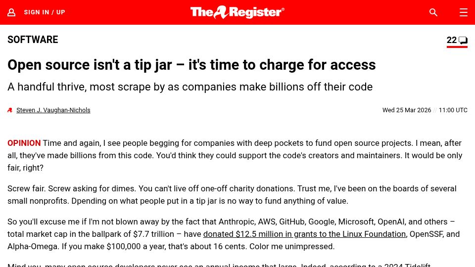 Screenshot of theregister.com: Open source isn't a tip jar – it's time to charge for access