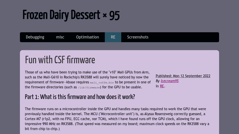 Screenshot of icecream95.gitlab.io: Fun with CSF firmware (RK3588 GPU firmware)