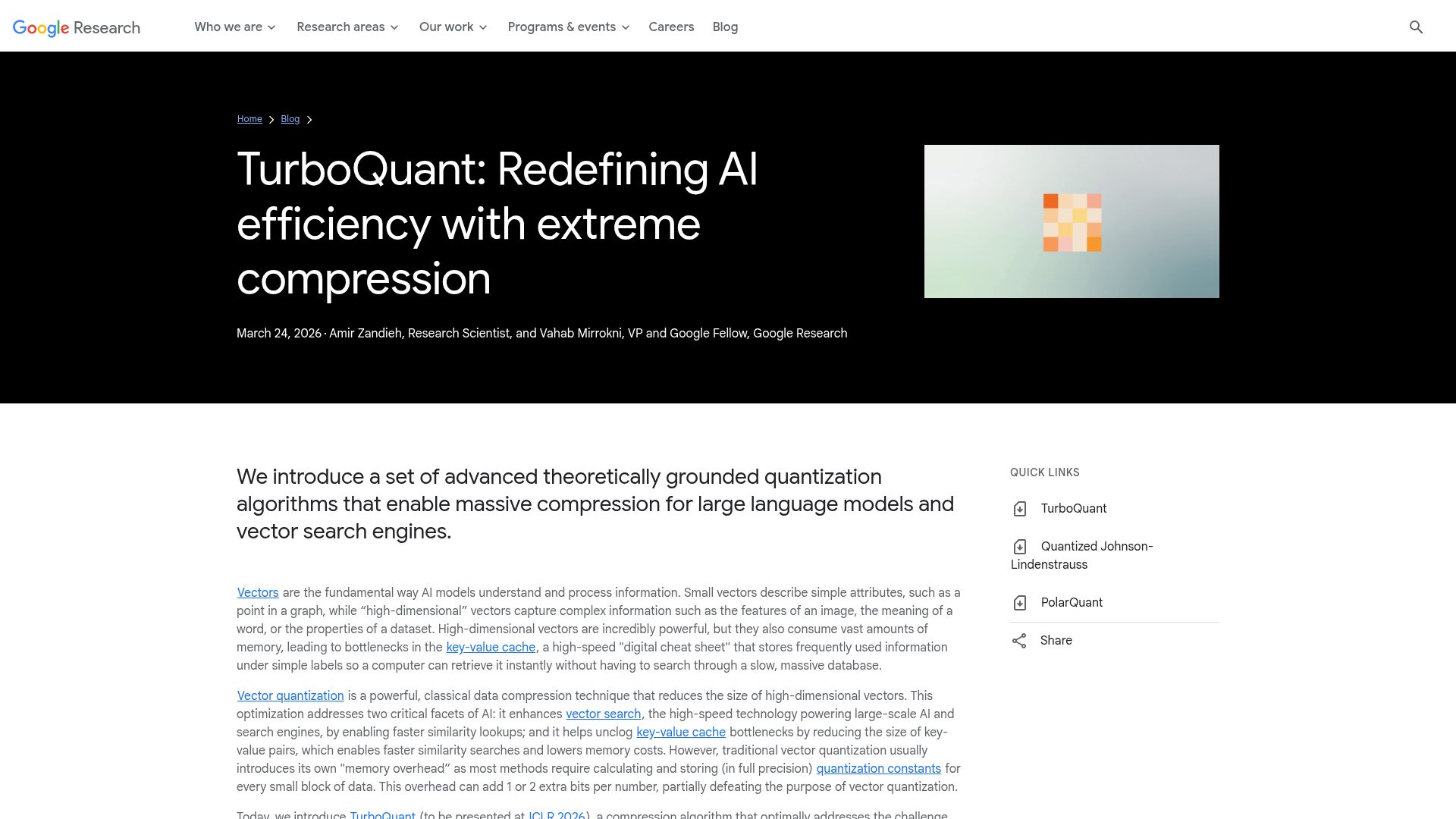 Screenshot of research.google: TurboQuant: Redefining AI efficiency with extreme compression