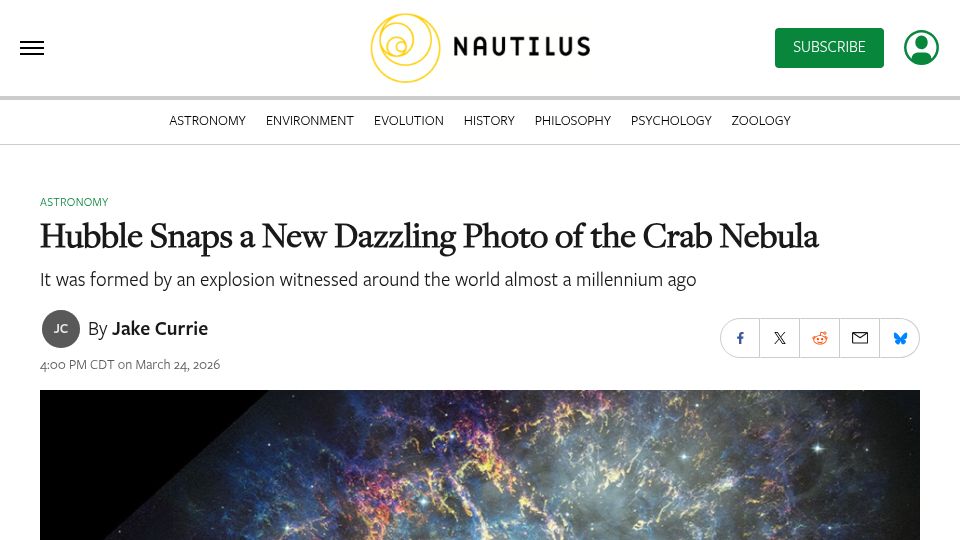 Screenshot of nautil.us: Hubble Snaps a New Dazzling Photo of the Crab Nebula