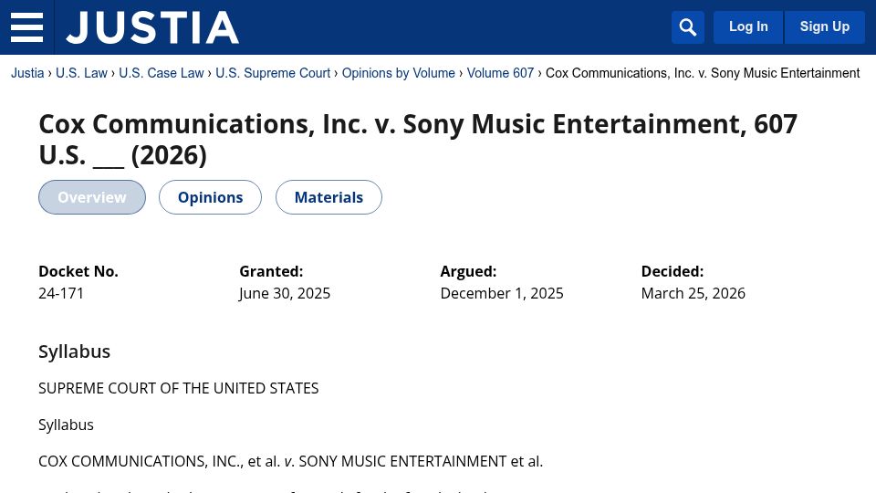 Screenshot of supreme.justia.com: Sony V. Cox Decision Reversed