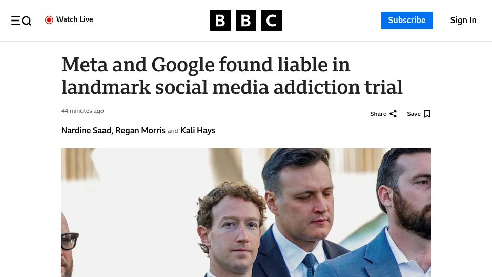 Screenshot of bbc.co.uk: Meta and Google found liable in social media addiction trial