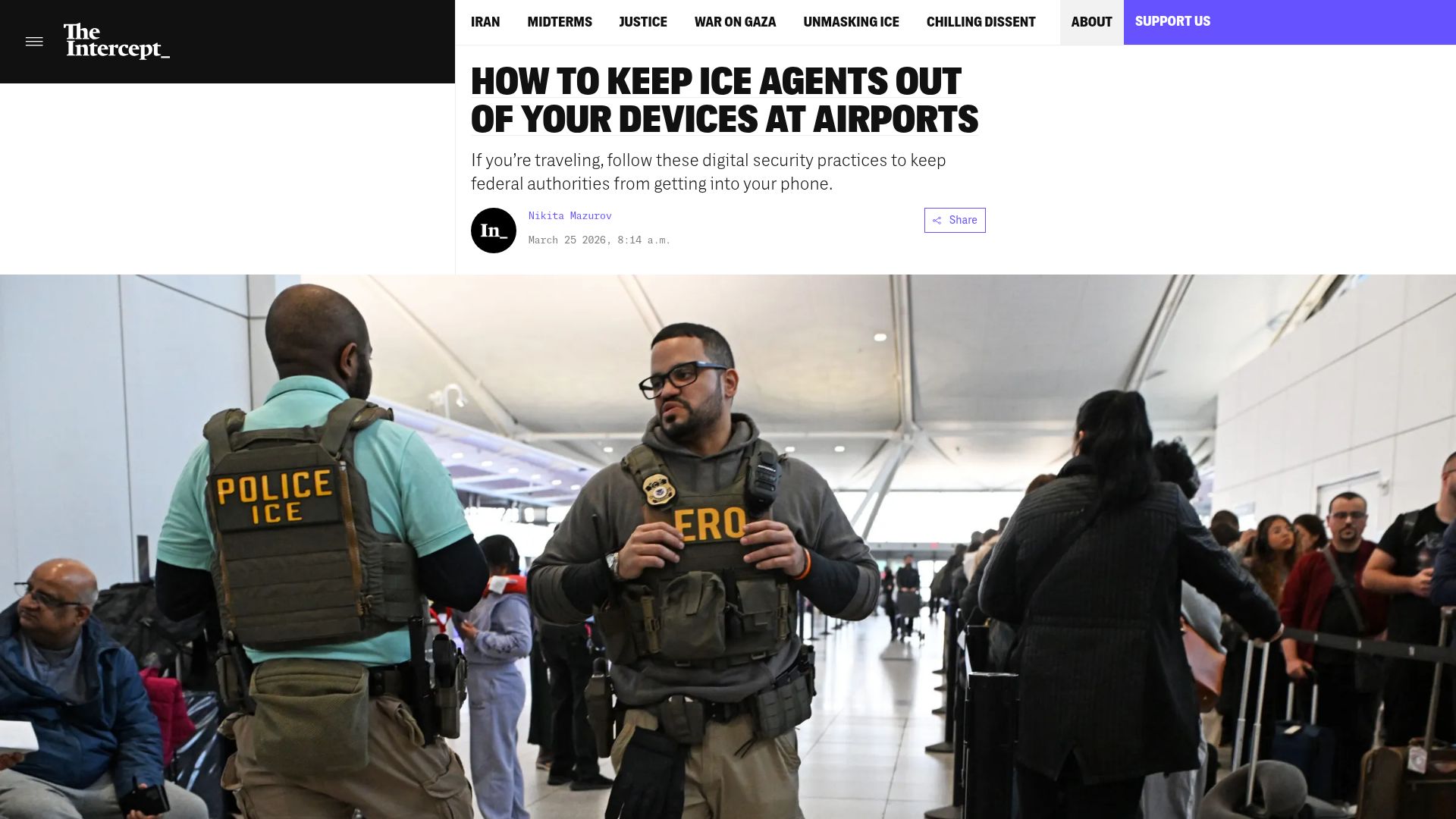 Screenshot of theintercept.com: How to Keep ICE Agents Out of Your Devices at Airports