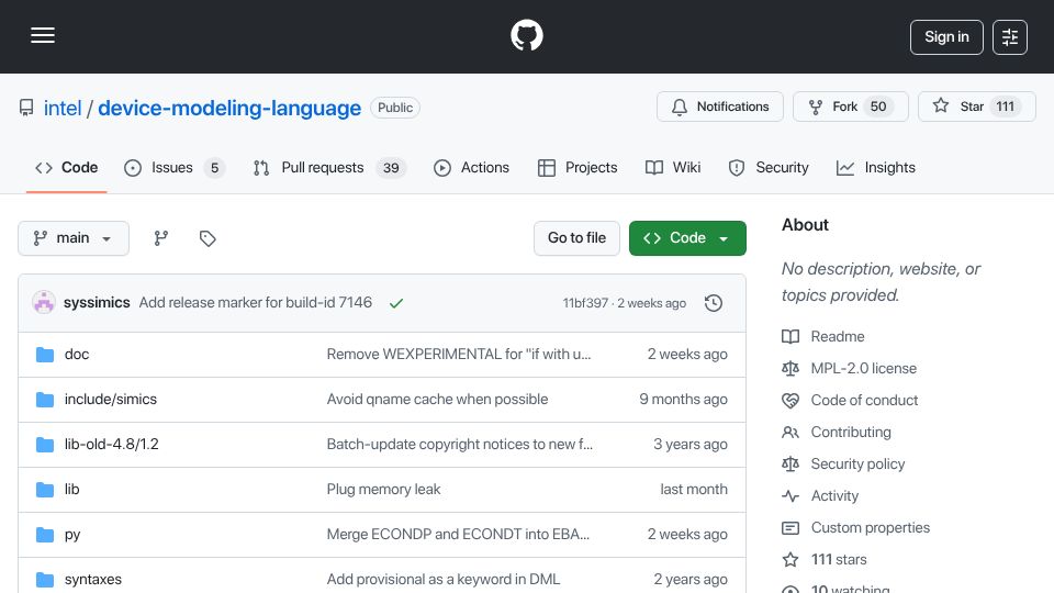 Screenshot of github.com: Intel Device Modeling Language for virtual platforms