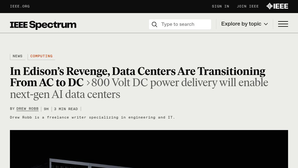 Screenshot of spectrum.ieee.org: Data centers are transitioning from AC to DC