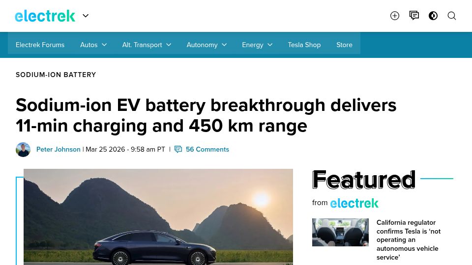 Screenshot of electrek.co: Sodium-ion EV battery breakthrough delivers 11-min charging and 450 km range