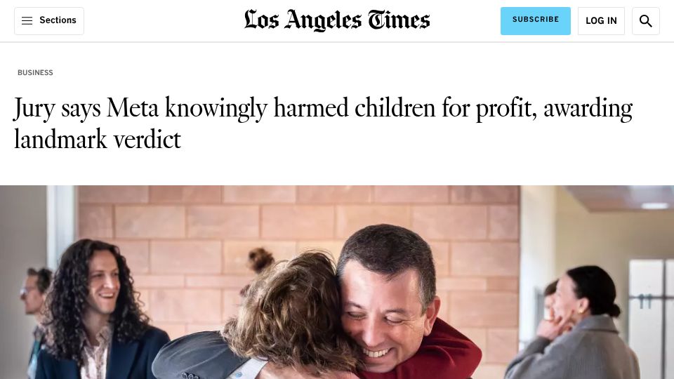 Screenshot of latimes.com: Jury says Meta knowingly harmed children for profit, awarding landmark verdict
