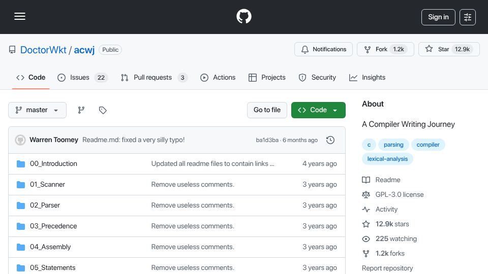 Screenshot of github.com: A Compiler Writing Journey
