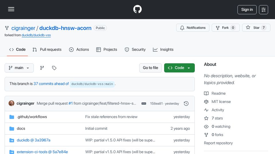 Screenshot of github.com: Show HN: DuckDB community extension for prefiltered HNSW using ACORN-1