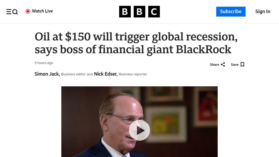 Screenshot of bbc.com: Oil at $150 will trigger global recession, says boss of financial BlackRock