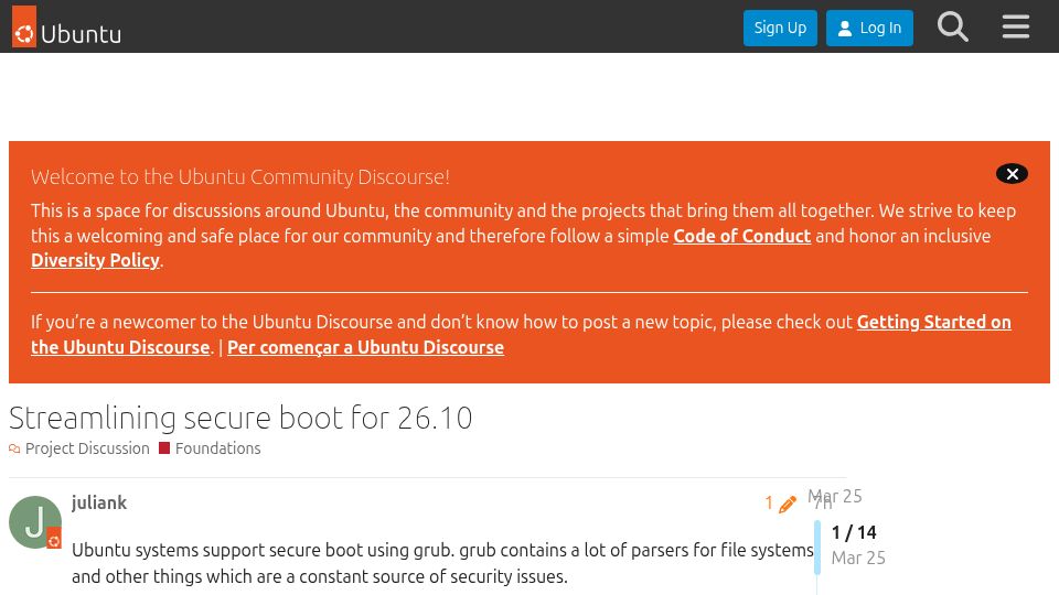 Screenshot of discourse.ubuntu.com: Ubuntu wants to strip some of GRUB features in 26.10 for security purposes