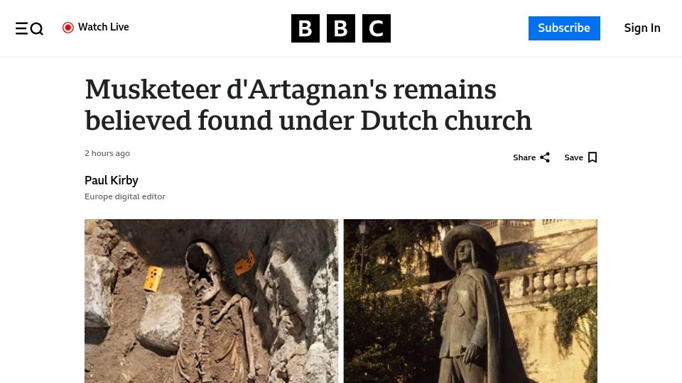 Screenshot of bbc.co.uk: Musketeer d'Artagnan's remains believed found under Dutch church