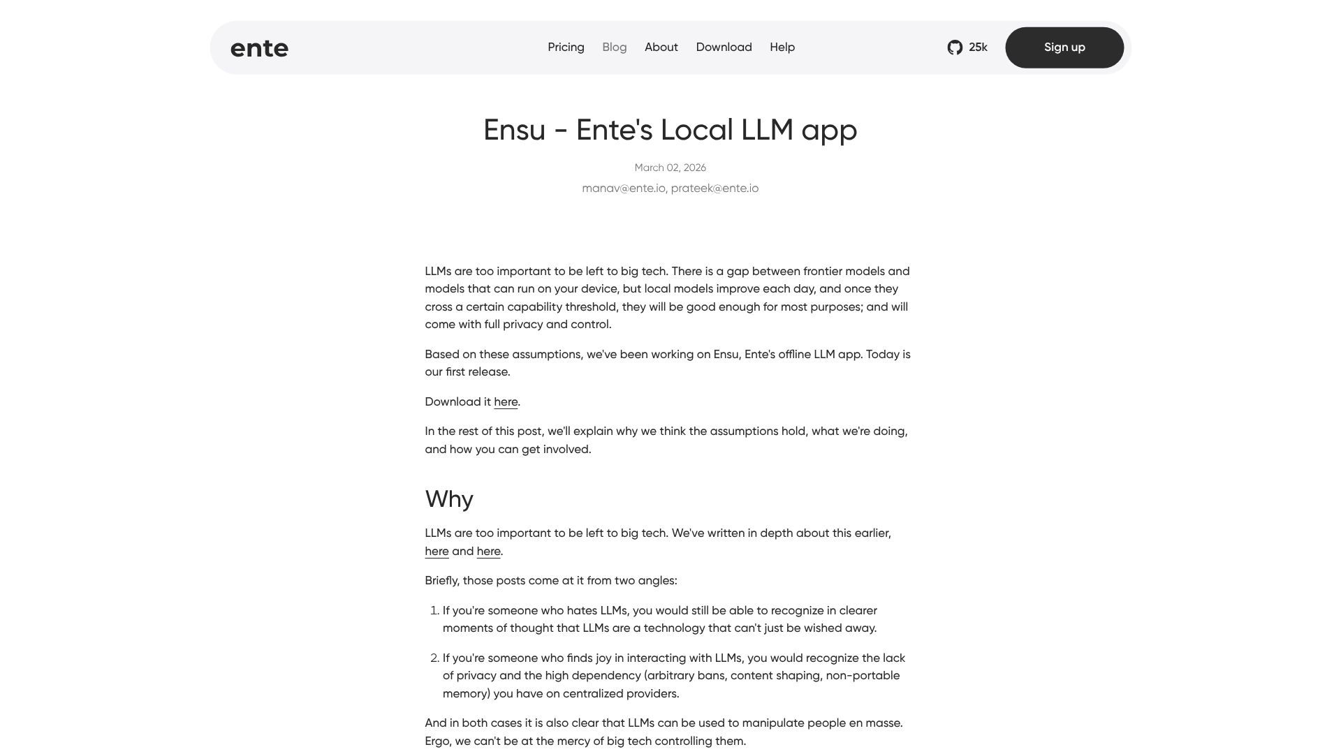 Screenshot of ente.com: Ensu – Ente’s Local LLM app