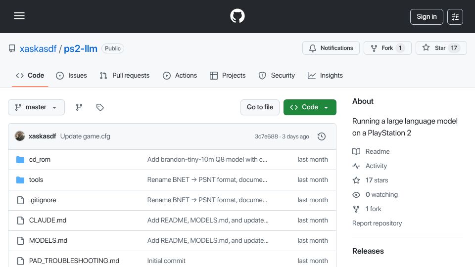 Screenshot of github.com: Show HN: I ran a language model on a PS2