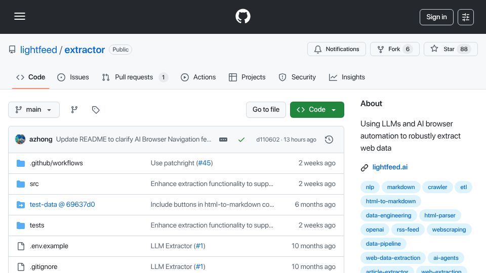 Screenshot of github.com: Show HN: Robust LLM Extractor for Websites in TypeScript