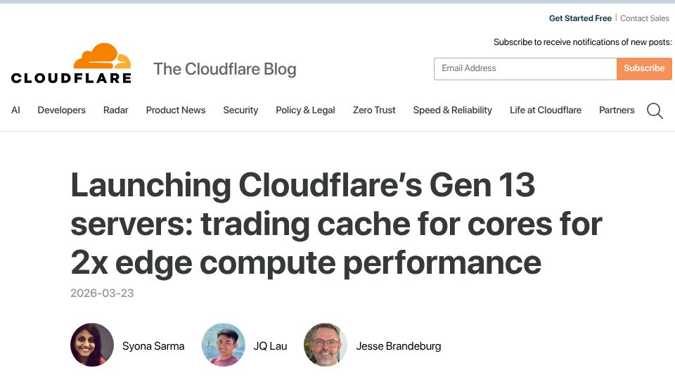 Screenshot of blog.cloudflare.com: Cloudflare's Gen 13 servers: trading cache for cores for 2x performance