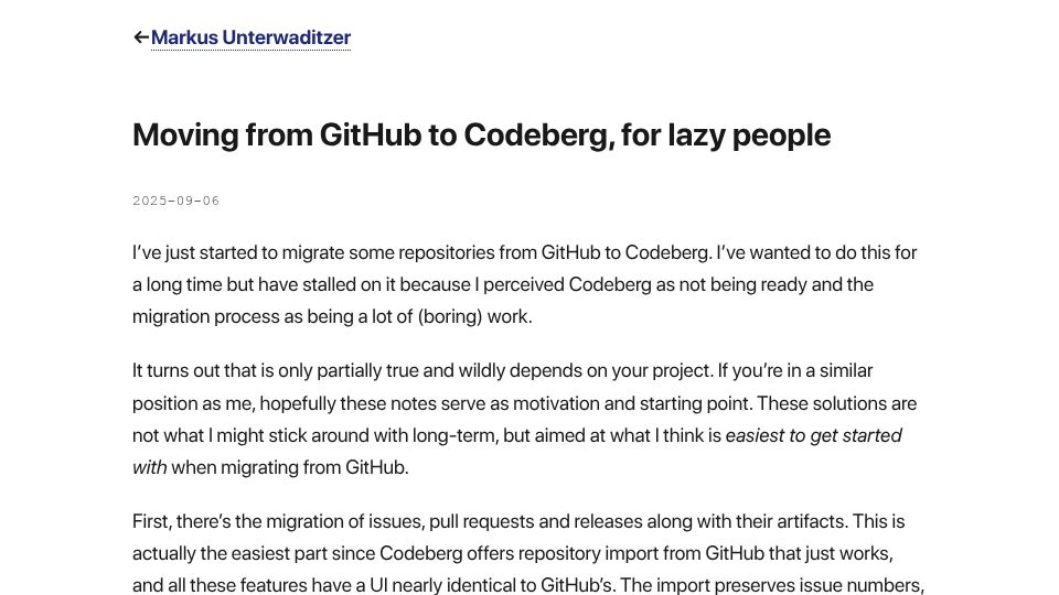 Screenshot of unterwaditzer.net: Moving from GitHub to Codeberg, for lazy people