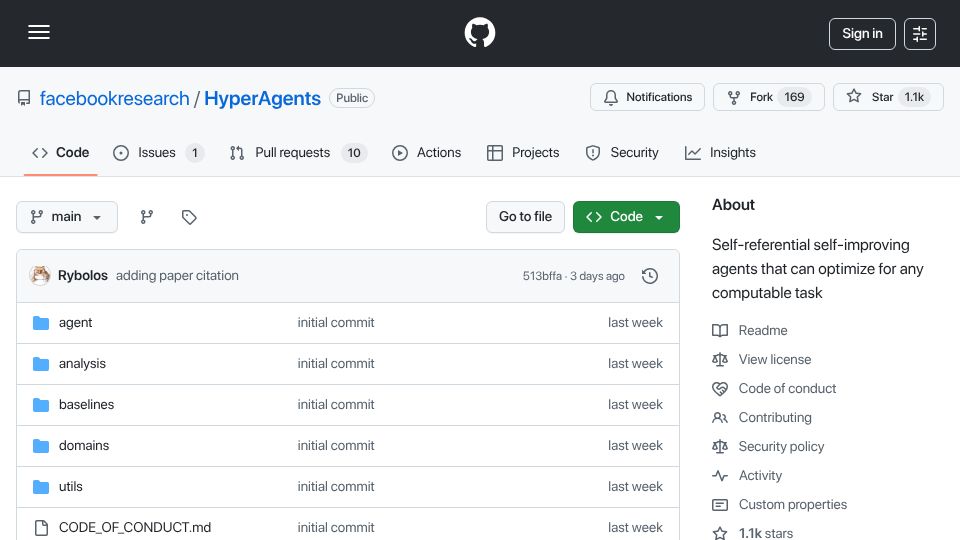 Screenshot of github.com: HyperAgents: Self-referential self-improving agents