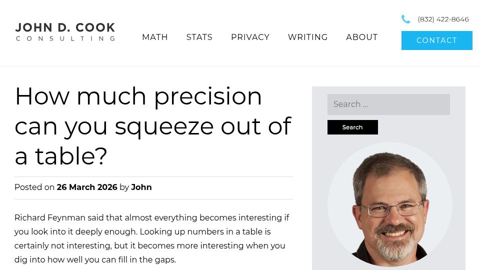 Screenshot of johndcook.com: How much precision can you squeeze out of a table?