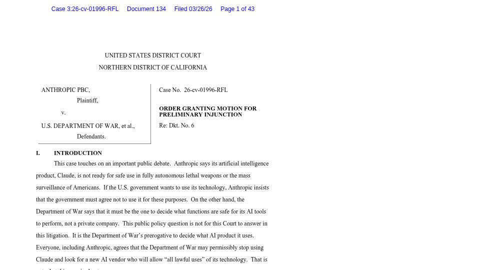 Screenshot of storage.courtlistener.com: Order Granting Preliminary Injunction – Anthropic vs. U.S. Department of War [pdf]