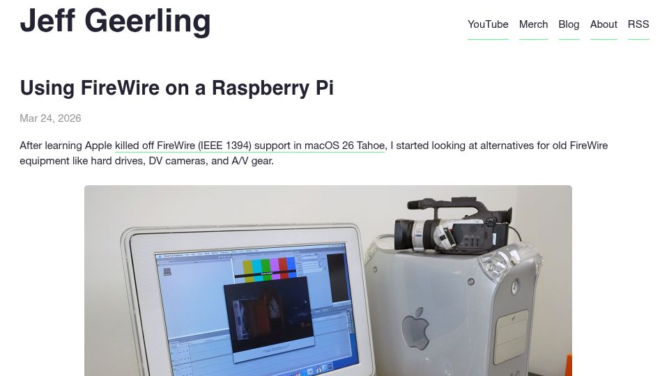 Screenshot of jeffgeerling.com: Using FireWire on a Raspberry Pi