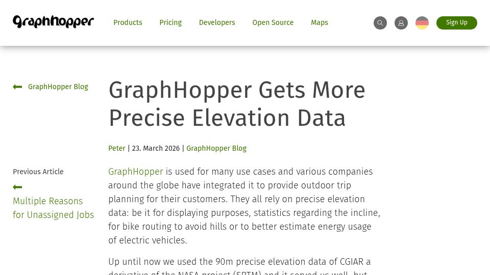Screenshot of graphhopper.com: More precise elevation data for GraphHopper routing engine