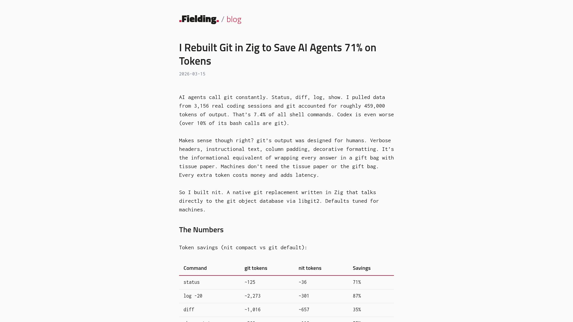 Screenshot of justfielding.com: Show HN: Nit – I rebuilt Git in Zig to save AI agents 71% on tokens