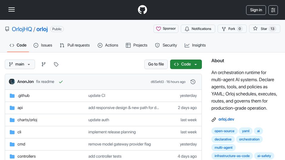 Screenshot of github.com: Show HN: Orloj – agent infrastructure as code (YAML and GitOps)