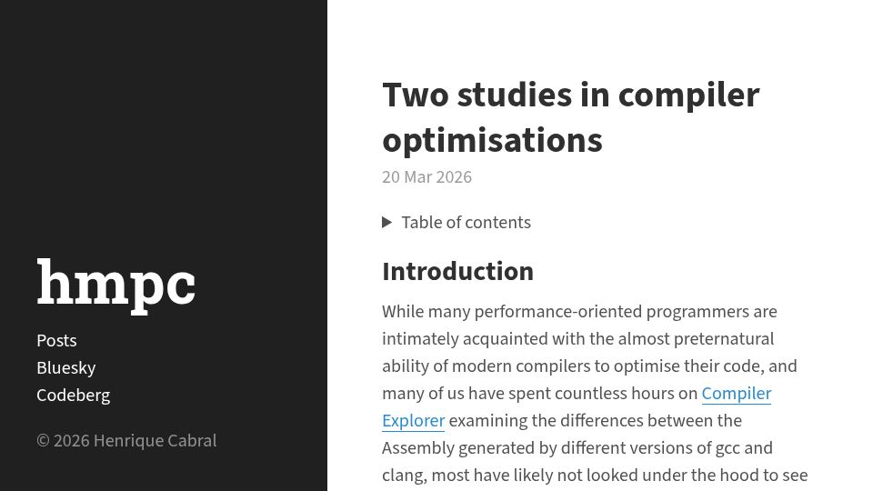 Screenshot of hmpcabral.com: Two studies in compiler optimisations