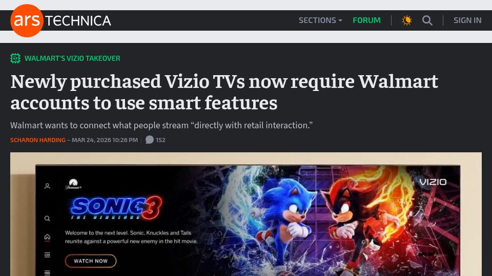 Screenshot of arstechnica.com: Newly purchased Vizio TVs now require Walmart accounts to use smart features