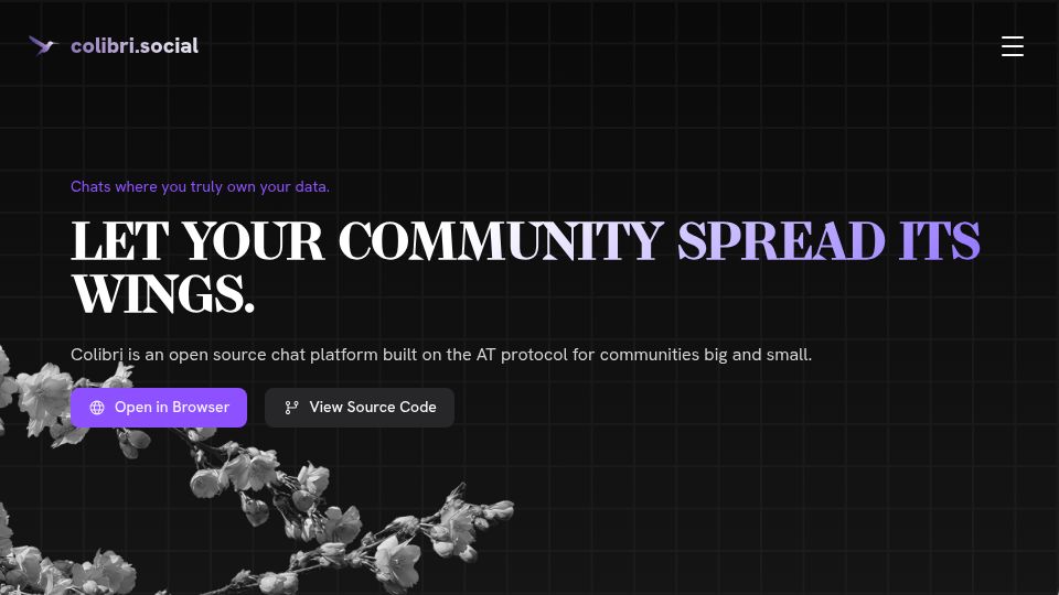 Screenshot of colibri.social: Colibri – chat platform built on the AT Protocol for communities big and small