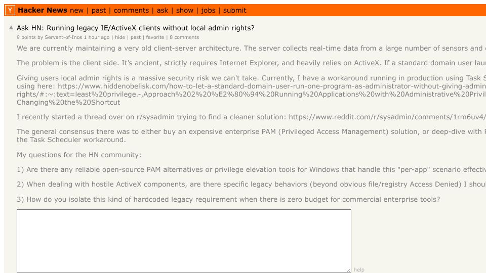 Screenshot of Hacker News post: Ask HN: Running legacy IE/ActiveX clients without local admin rights?
