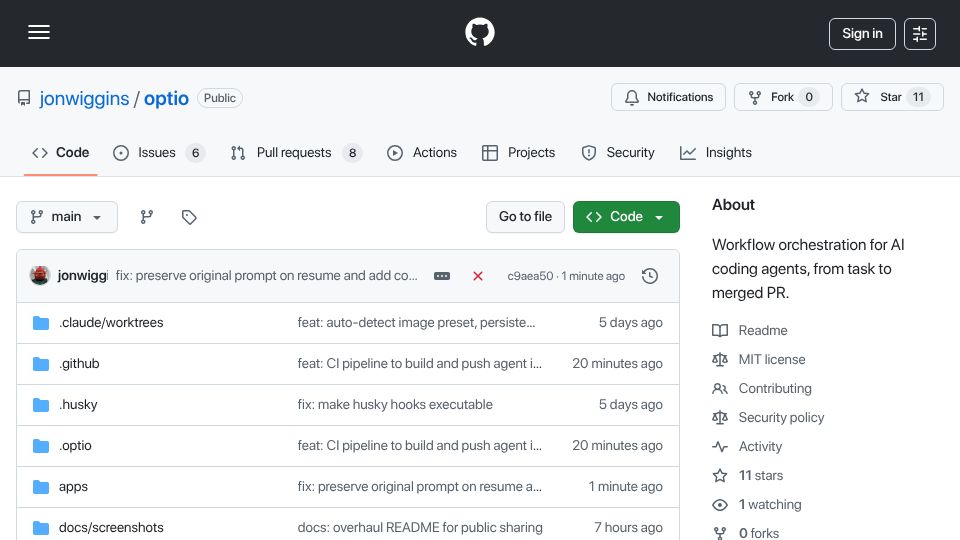 Screenshot of github.com: Show HN: Optio – Orchestrate AI coding agents in K8s to go from ticket to PR