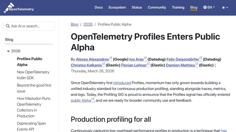 Screenshot of opentelemetry.io: OpenTelemetry profiles enters public alpha