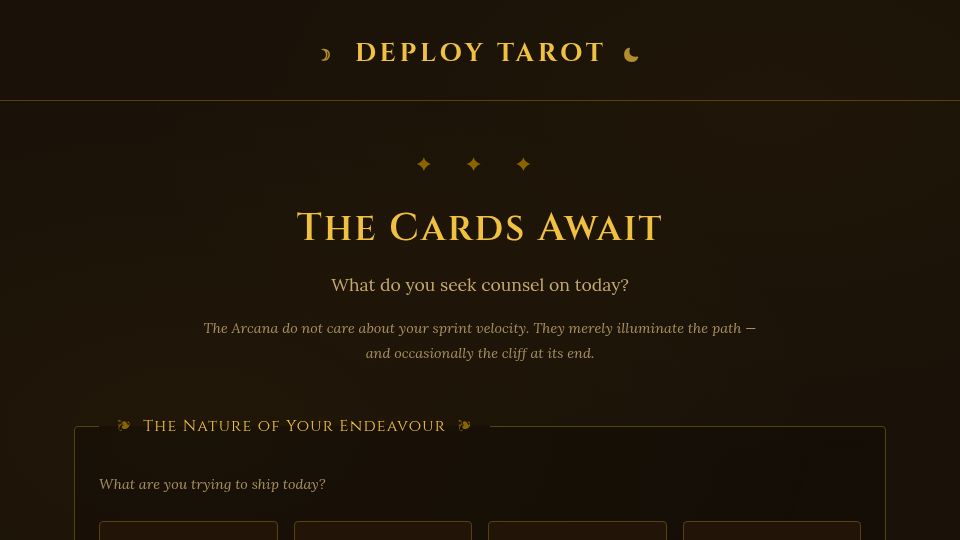 Screenshot of deploytarot.com: DeployTarot.com – Tarot card reading for deployments