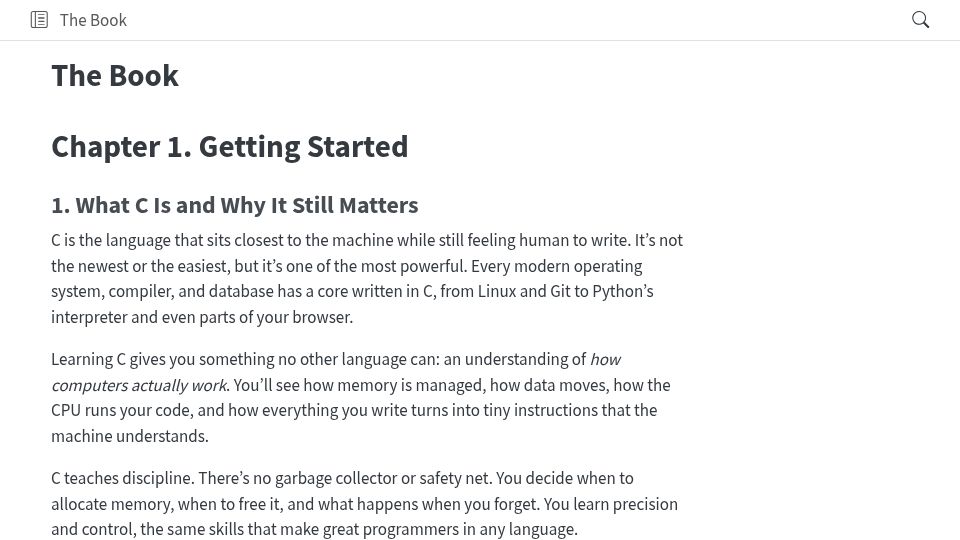 Screenshot of little-book-of.github.io: The Little Book of C